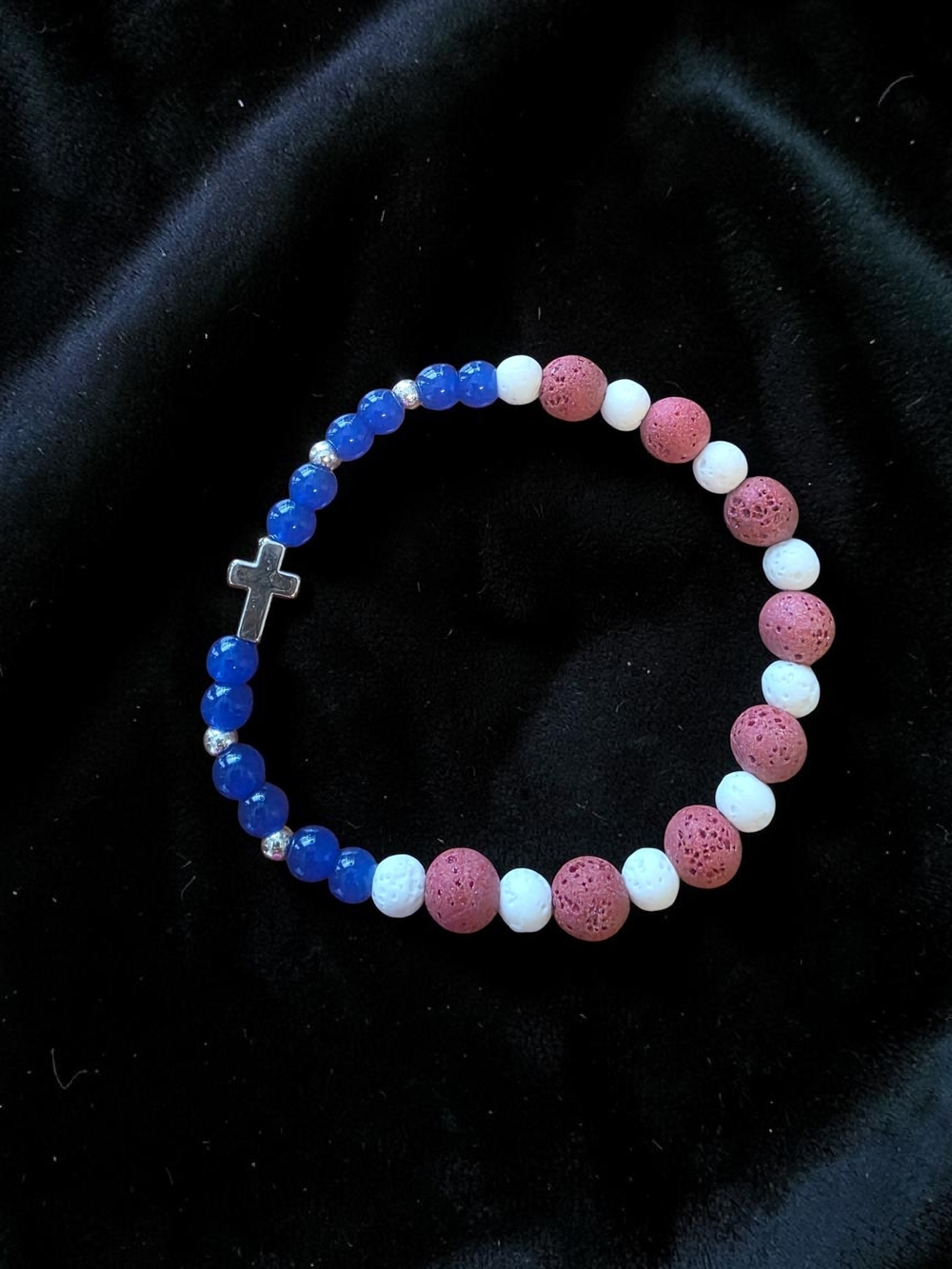 Handmade Red White Blue Lava Stone Beaded Bracelet Cross Charm